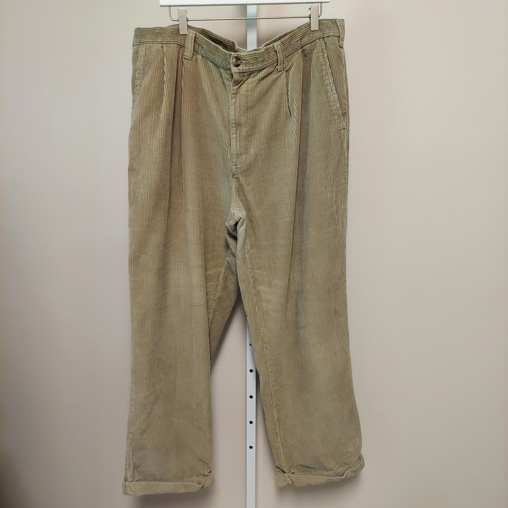 St Johns Bay Mens Tan Wale Corduroy Pleated Pants 42x32 Straight Leg Grandpa 90s